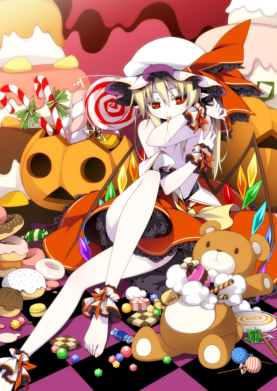 ankle_cuffs ascot barefoot blonde_hair blood blush bow cake candy candy_cane checkerboard_cookie checkered checkered_floor chocolate colored_eyelashes cookie doughnut flandre_scarlet food hat highres jack-o'-lantern konpeitou licking lollipop macaron pointy_ears pumpkin red_eyes reina_(black_spider) ribbon short_hair side_ponytail skirt solo stuffed_animal stuffed_toy stuffing swirl_lollipop teddy_bear topless touhou wafer_stick wings wrist_cuffs