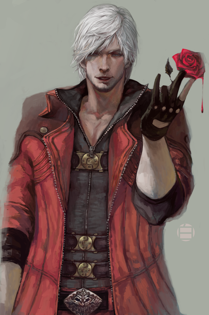 ao666 bad_id bad_pixiv_id belt blue_eyes coat dante_(devil_may_cry) devil_may_cry devil_may_cry_4 facial_hair fingerless_gloves flower gloves highres jacket male_focus realistic red_flower red_jacket red_rose rose silver_hair solo stubble white_hair