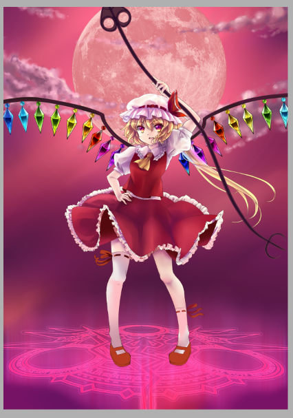 arm_up blonde_hair flandre_scarlet frame frilled_skirt frills full_moon hand_on_hip hat laevatein long_hair magic_circle moon multicolored multicolored_eyes pink_eyes red_footwear red_moon shoes side_ponytail skirt skirt_lift skirt_set socks solo thighhighs touhou white_legwear wings xingyueyaoshi