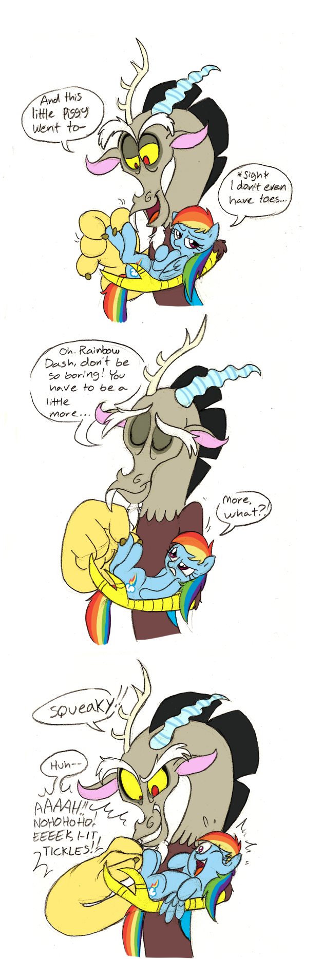 comic dialog dialogue discord_(mlp) draconequus english_text equine facial_hair female feral friendship_is_magic hair horn horse male mammal mickeymonster multi-colored_hair my_little_pony pegasus pink_eyes pony rainbow_dash_(mlp) rainbow_hair red_eyes tail text tickle tickling wings