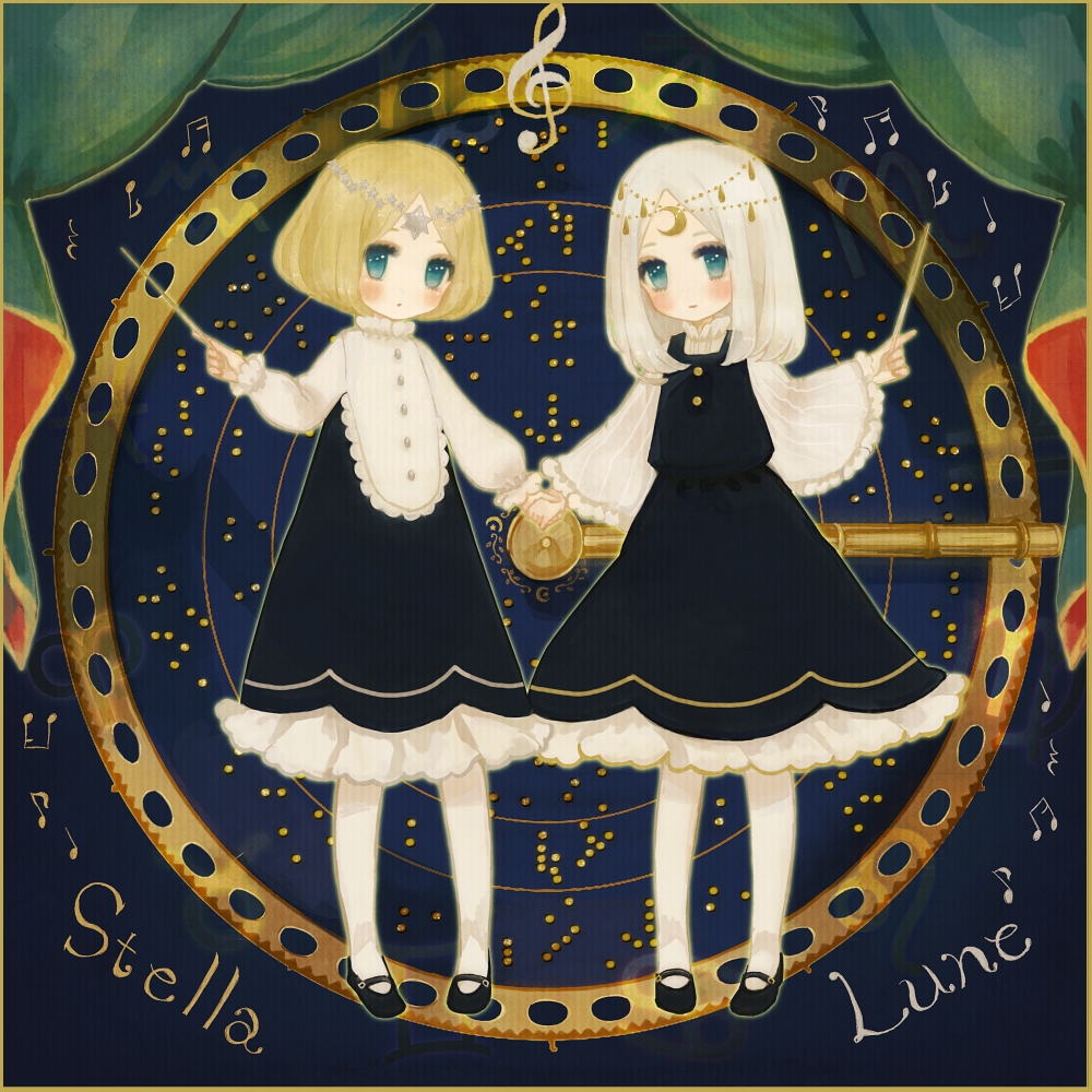baton_(instrument) black_dress blonde_hair blue_eyes character_name circlet crescent_moon curtains dress english frills holding holding_hands long_hair long_sleeves looking_at_viewer mary_janes moon multiple_girls musical_note original pantyhose puffy_sleeves shoes short_dress short_hair silver_hair standing sun text_focus white_legwear wide_sleeves yujup