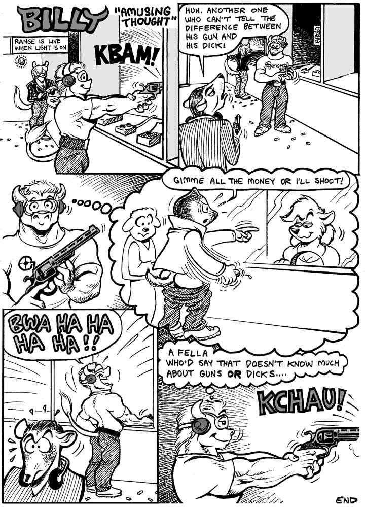 bovine bull cattle comic dialog dialogue english_text female gun hair horn humor karno laugh male mammal masturbation monochrome penis ranged_weapon shooting tail text weapon