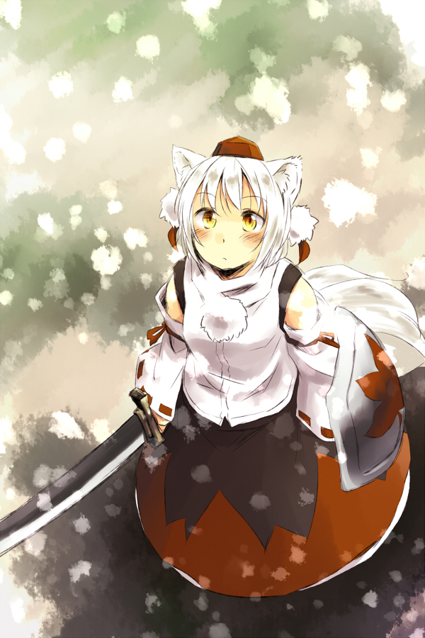 animal_ears bare_shoulders detached_sleeves hat inubashiri_momiji looking_up red_eyes shield silver_hair snow solo sword tail tokin_hat touhou weapon wolf_ears wolf_tail yudepii