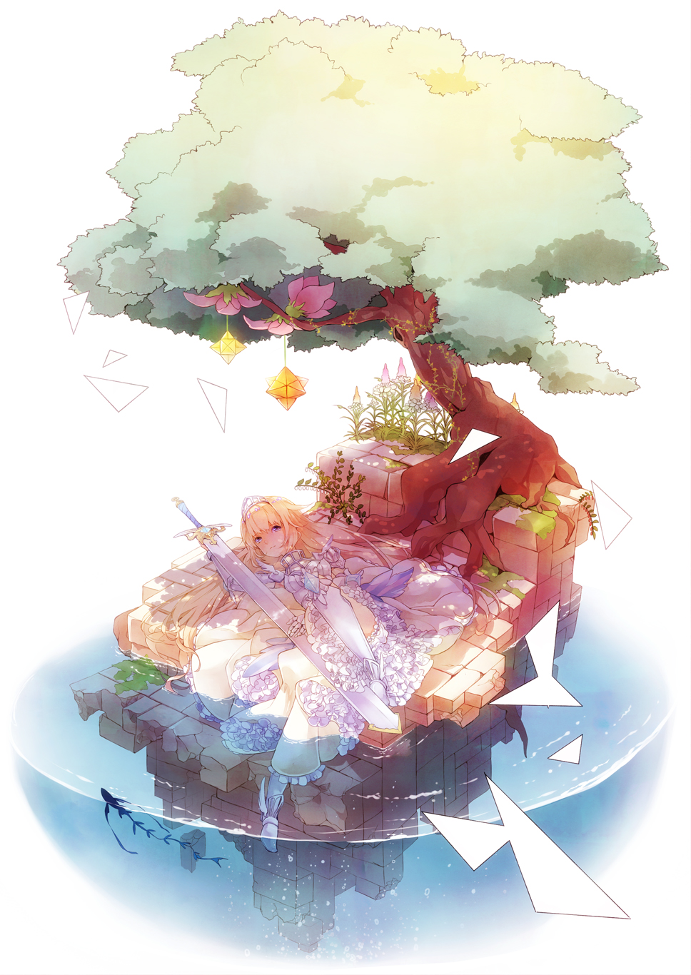 aji_nashi_(dress) armor armored_dress bangs blonde_hair breastplate dress faux_figurine fish flower frills gauntlets greaves high_heels highres isometric leg_up long_hair lying moss on_back original partially_submerged plant purple_eyes roots shoes solo stone sword tiara tree water weapon white_background yellow_dress
