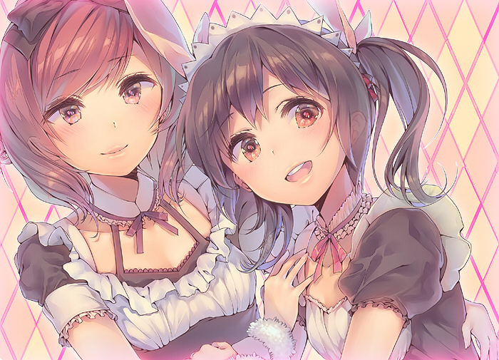 animal_ears arm_around_back bangs black_hair brown_eyes brown_hair bunny_ears dsmile frills looking_at_viewer looking_to_the_side love_live! love_live!_school_idol_project maid maid_headdress mogyutto_"love"_de_sekkin_chuu! multiple_girls neck_ribbon nishikino_maki open_mouth purple_eyes red_eyes red_hair ribbon short_sleeves smile swept_bangs twintails upper_body waitress yazawa_nico