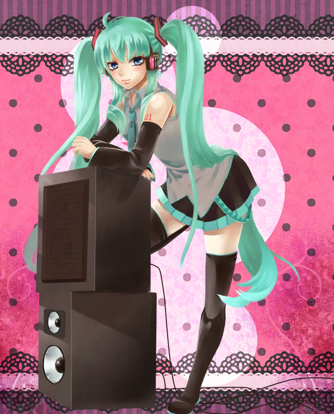 ahoge boots detached_sleeves green_eyes green_hair hatsune_miku headphones long_hair necktie skirt solo speaker thigh_boots thighhighs twintails very_long_hair vocaloid