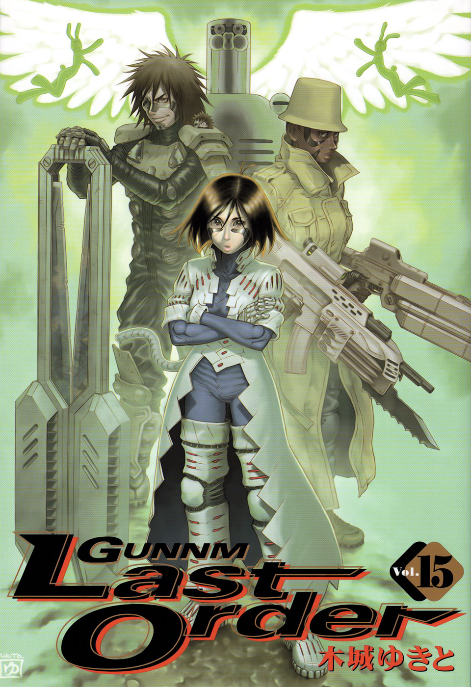 5girls androgynous animal_ears armor bangs black_eyes boots breastplate breasts brown_eyes brown_hair bunny_ears cat_tail crossed_arms cyborg dark_skin deckman_100 dual_persona elf_(gunnm) eyepatch facial_mark fingerless_gloves gally gloves green gun gunnm gunnm_last_order hair_between_eyes hair_strand hat height_difference highres jumping kishiro_yukito lips looking_at_viewer medium_breasts metal multiple_boys multiple_girls muscle one-eyed open_mouth platform_footwear reverse_trap robot science_fiction sechs serious shin_guards shoulder_pads smirk spiked_hair standing tail trench_coat weapon wings yellow_eyes zazie zwolf