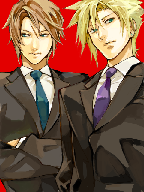 bad_id bad_pixiv_id blonde_hair brown_hair cloud_strife crossed_arms final_fantasy final_fantasy_vii final_fantasy_viii formal male_focus multiple_boys necktie red_background scar squall_leonhart suit tama_(tmfy5)