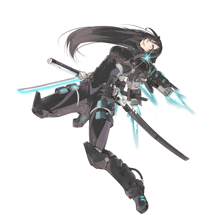 aiming arched_back bad_id bad_pixiv_id black_hair bodysuit breasts brown_eyes eida@renshuuchuu gloves glowing katana knee_pads laser lens_flare long_hair looking_at_viewer medium_breasts original power_suit scabbard sheath simple_background solo sword thrusters weapon