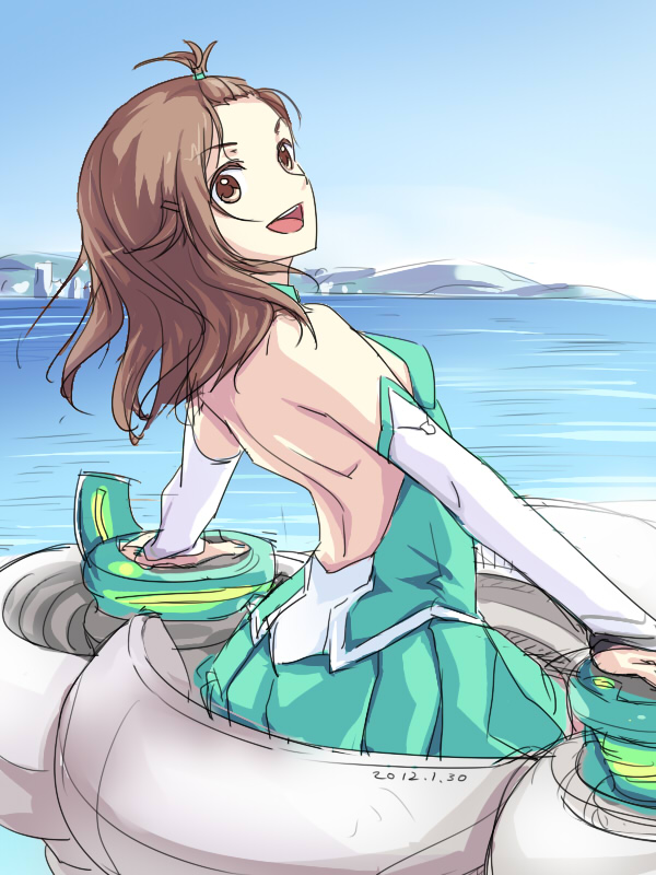 backless_outfit bare_back blue_sky brown_eyes brown_hair day kyouno_madoka looking_back ocean open_mouth rinne_no_lagrange short_hair sky smile solo tianna topknot uniform water