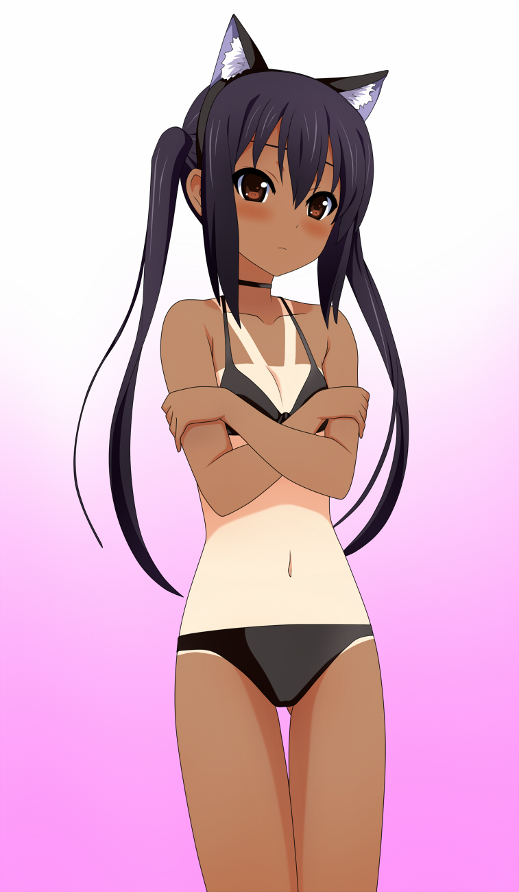 animal_ears bare_shoulders bikini black_hair blush brown_eyes cat_ears choker covering covering_breasts flat_chest gradient gradient_background highres k-on! kenken long_hair nakano_azusa one-piece_tan solo swimsuit tan tanline thigh_gap twintails