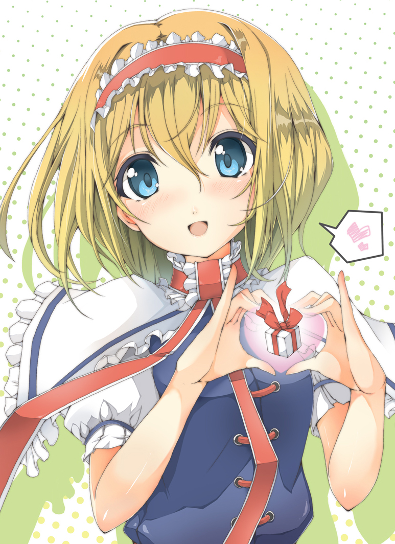 alice_margatroid arms_up bad_id bad_pixiv_id blonde_hair blue_dress blue_eyes blush box capelet dress gift gift_box hairband heart heart_hands monochrome-arc open_mouth short_hair smile solo touhou upper_body