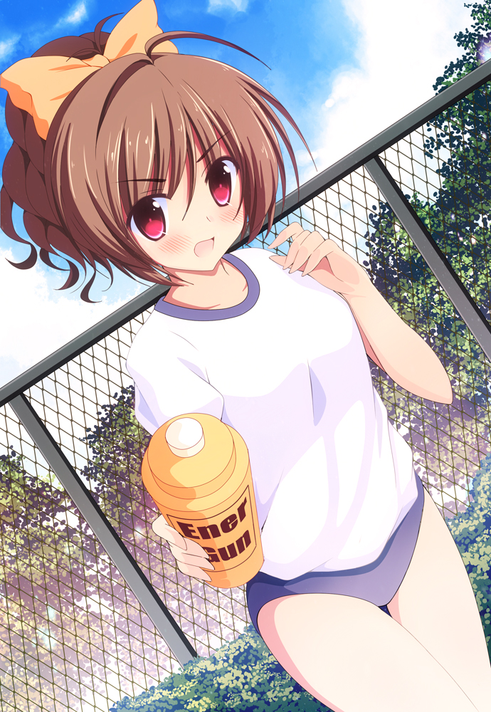 azure_(capriccio) blush bottle bow brown_hair buruma chain-link_fence cloud day dutch_angle fence giving gym_uniform hair_bow holding looking_at_viewer open_mouth original pink_eyes sky solo tree