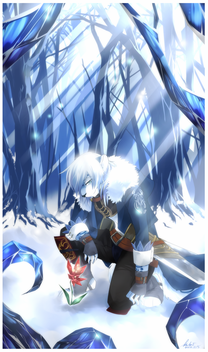 blade feline flower ice katar kubikitsune leopard male mammal resine snow snow_leopard weapon