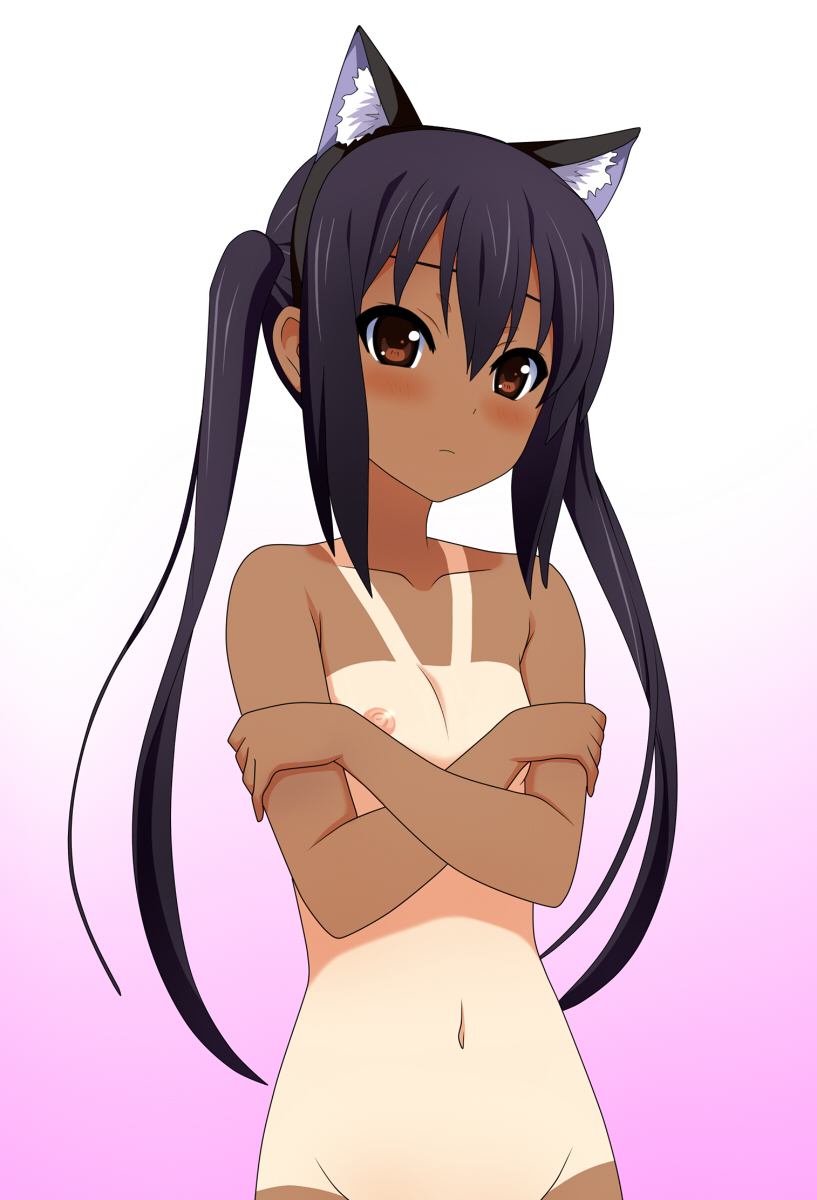 animal_ears black_hair blush brown_eyes cat_ears covering covering_breasts flat_chest gradient gradient_background groin highres k-on! kenken long_hair nakano_azusa nipples nude one-piece_tan solo tan tanline twintails