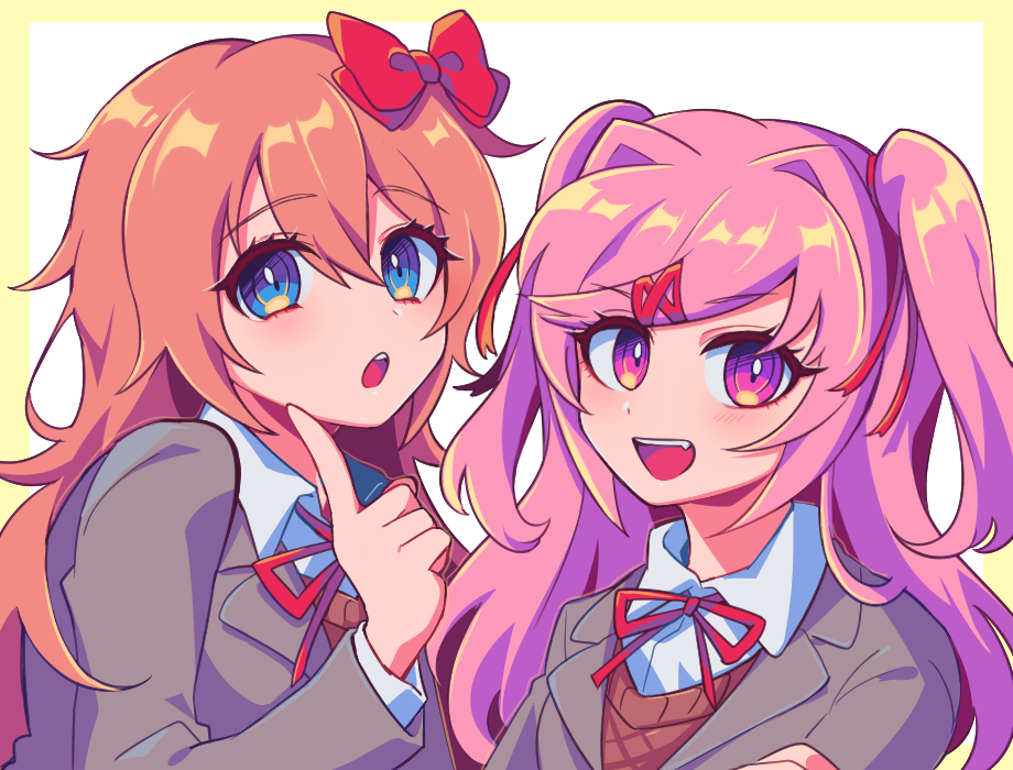 2girls :d :o alternate_hair_length alternate_hairstyle blue_eyes bow brown_hair commentary doki_doki_literature_club eyebrows_visible_through_hair fang finger_to_face hair_between_eyes hair_bow hair_ornament hair_ribbon hairclip index_finger_raised long_hair looking_at_viewer multiple_girls natsuki_(doki_doki_literature_club) open_mouth pink_eyes pink_hair red_bow red_ribbon ribbon sasakama_(sasagaki01) sayori_(doki_doki_literature_club) school_uniform simple_background smile symbol_commentary two_side_up upper_body