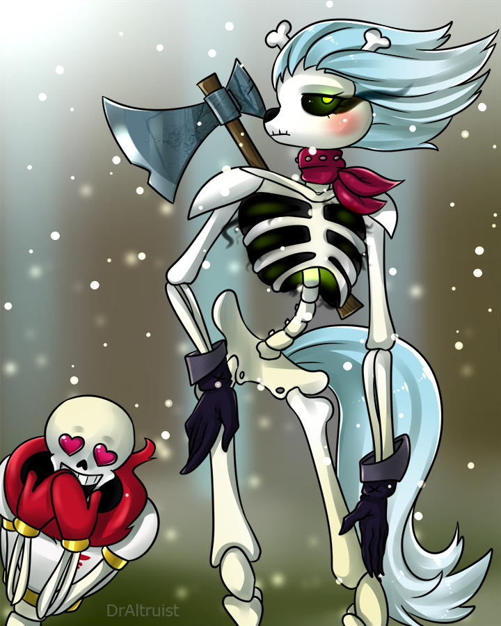 &lt;3 &lt;3_eyes animated_skeleton anthro axe blush bone clothing draltruist equine friendship_is_magic gloves green_eyes horse mammal melee_weapon my_little_pony papyrus_(undertale) pony pose skeleton skellinore_(mlp) solo undead undertale video_games weapon
