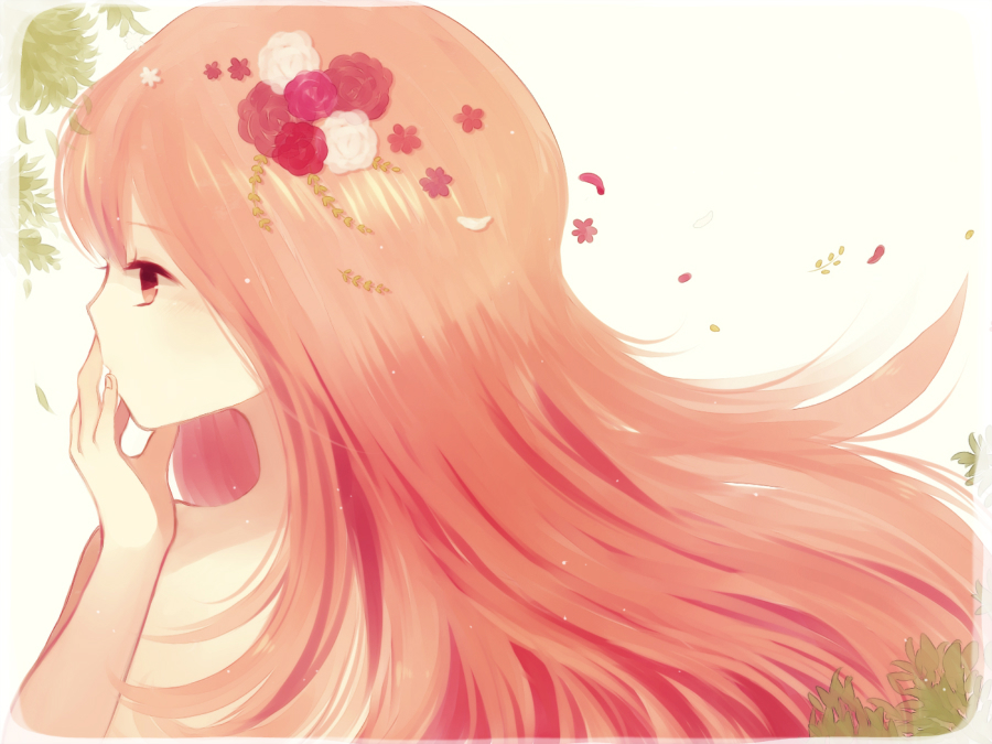 arm_up ayu_(mog) bad_id bad_pixiv_id blonde_hair flower hair_flower hair_ornament hand_on_own_face long_hair nude original petals red_eyes solo wind