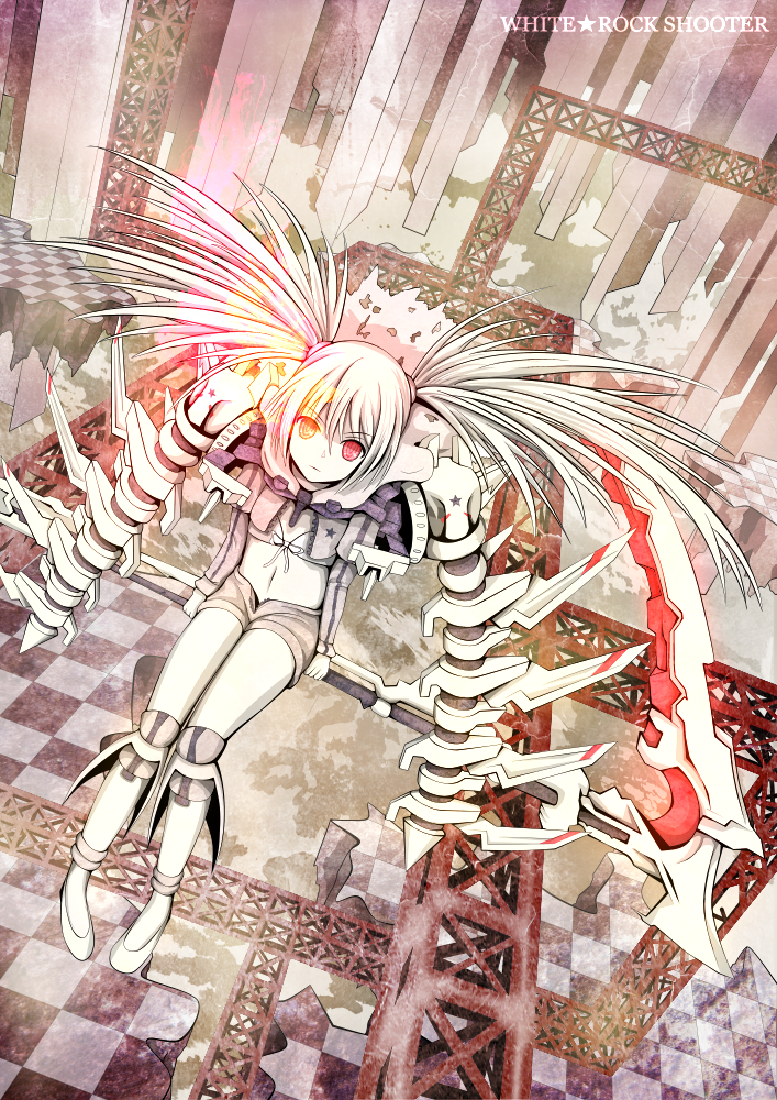 bikini_top black_rock_shooter black_rock_shooter_(game) boots burning_eye coat langjiao long_hair midriff navel red_eyes scythe shorts solo twintails weapon white_hair white_rock_shooter