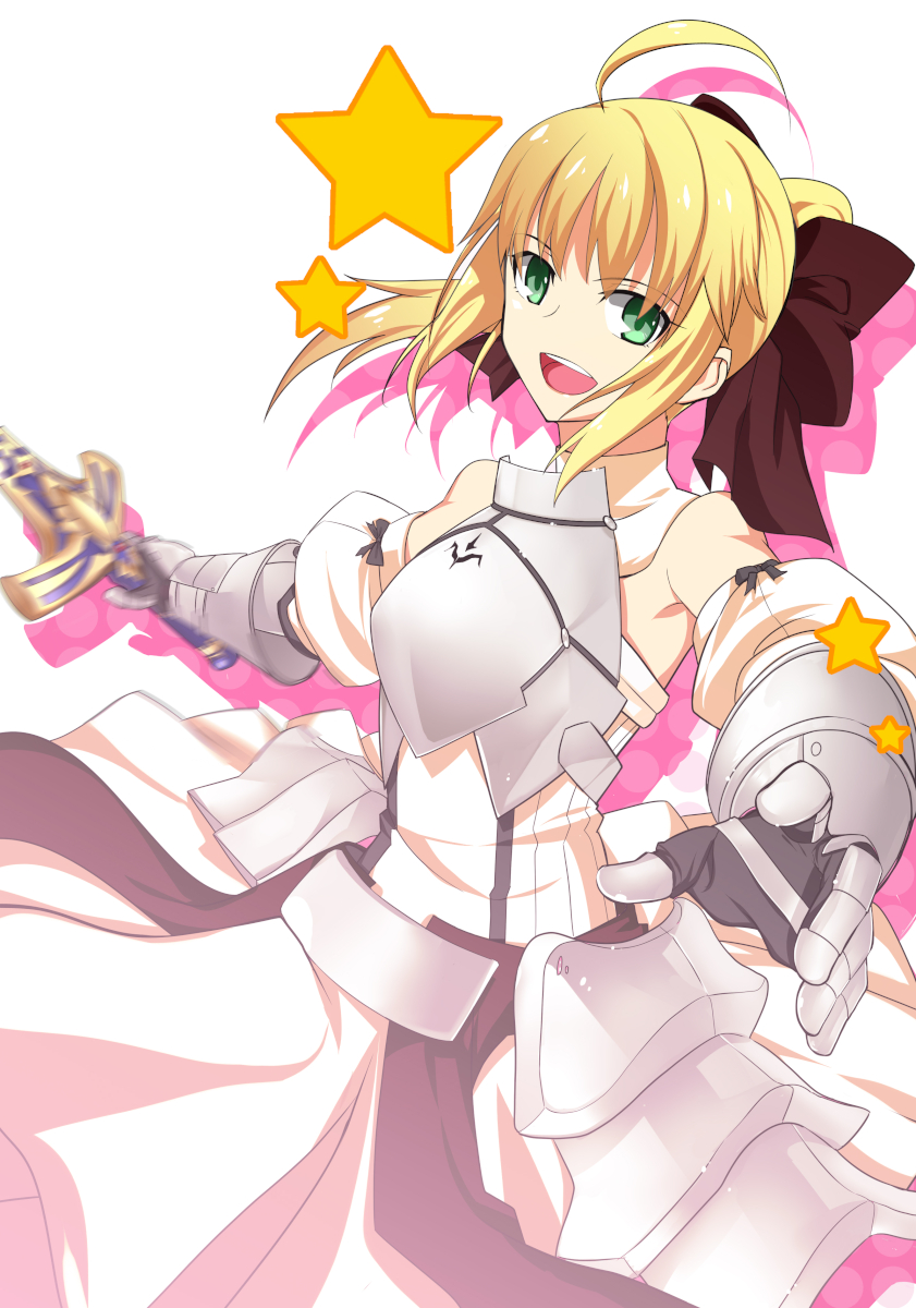 ahoge armor armored_dress artoria_pendragon_(all) bare_shoulders blonde_hair bow caliburn dress fate/stay_night fate/unlimited_codes fate_(series) faulds gauntlets green_eyes hair_bow highres open_mouth ponytail saber saber_lily samuraig solo sword weapon