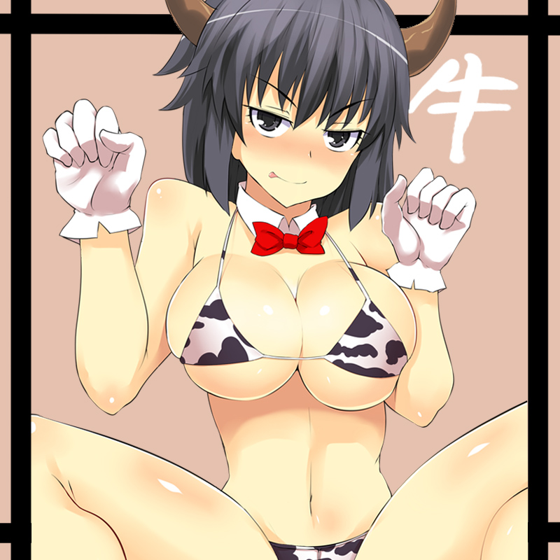 animal_print arms_up bikini black_hair blush bow breasts cleavage collar cosplay cow_print frame gloves grey_eyes horns large_breasts licking_lips midriff navel original short_hair solo spread_legs sugamo swimsuit tongue tongue_out underboob white_bikini white_gloves