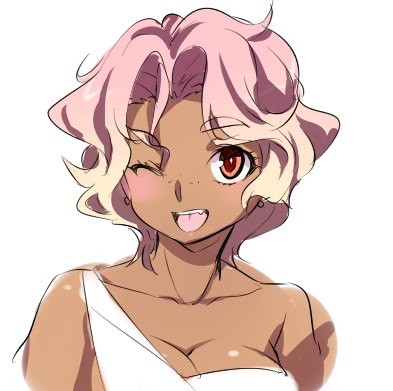 bare_shoulders breasts character_request cleavage copyright_request dark_skin earrings fang freckles jewelry large_breasts naso4 one_eye_closed pink_hair red_eyes short_hair smile solo upper_body