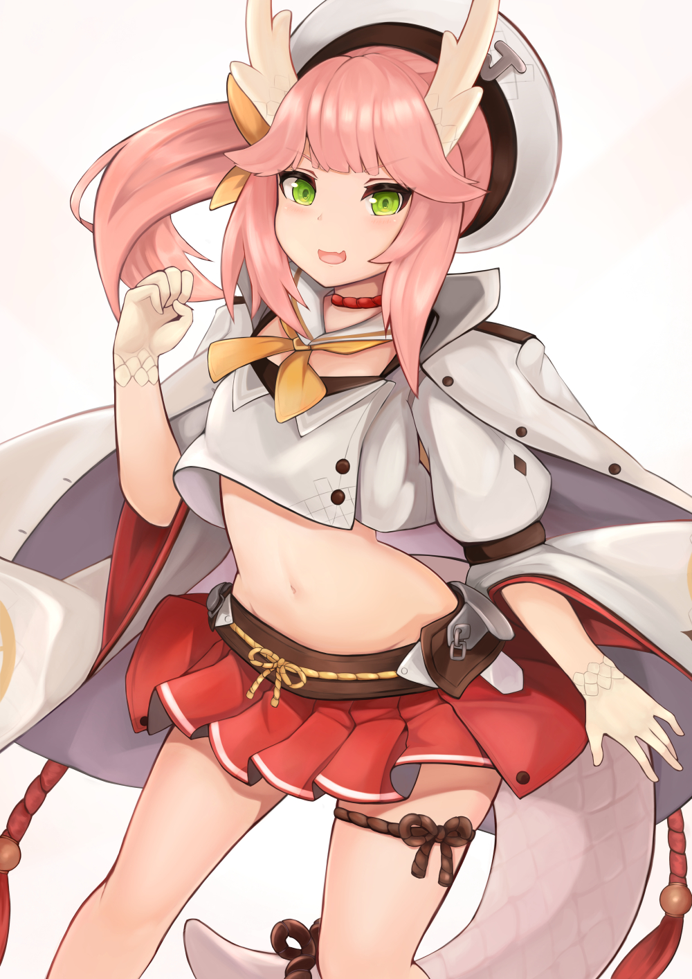 1girl :d azur_lane bangs belt blush bracelet buttons choker coat commentary_request crop_top detached_collar dragon_girl dragon_horns dragon_tail eyebrows_visible_through_hair fang green_eyes groin hair_ribbon hand_up hat highres horns jacket_on_shoulders jewelry long_hair long_sleeves looking_at_viewer midriff miniskirt navel neck_ribbon open_clothes open_coat open_mouth orange_neckwear orange_ribbon pink_hair pleated_skirt red_skirt ribbon rope ryara_vivi ryuujou_(azur_lane) shimenawa shirt side_ponytail sidelocks simple_background skirt smile solo stomach tail v-shaped_eyebrows white_background white_coat white_hat white_shirt wide_sleeves