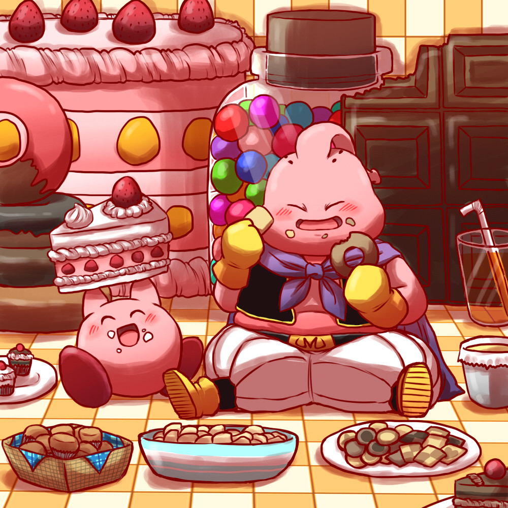 cake candy checkerboard_cookie chewing_gum chocolate chocolate_cake closed_eyes cookie crossover cupcake doughnut dragon_ball dragon_ball_z drinking_straw food food_on_face fruit full_body glass gumball kirby kirby_(series) majin_buu muffin no_humans pink_skin sayonara_gerongeron sitting smile strawberry strawberry_shortcake trait_connection