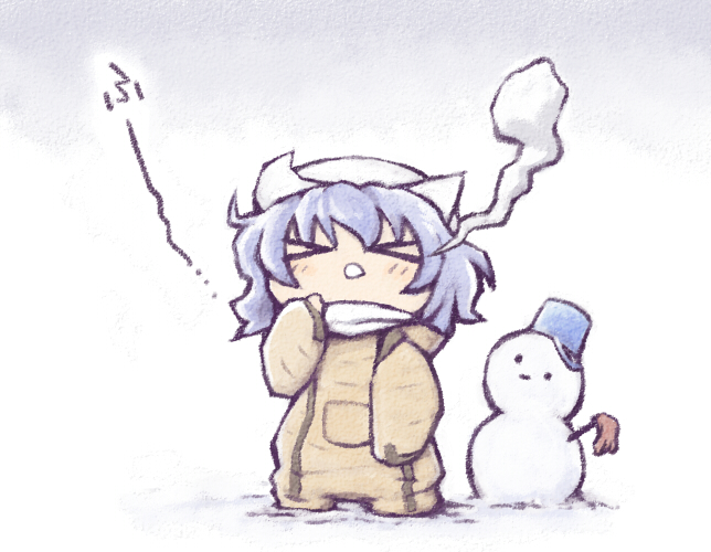 &gt;_&lt; arm_up blush_stickers bucket chibi closed_eyes coat giving_up_the_ghost hat letty_whiterock nekoguruma open_mouth scarf short_hair snow snowman solo touhou