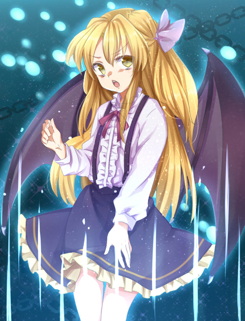 bad_id bad_pixiv_id blonde_hair bow demon_wings frilled_skirt frills hair_bow kurumi_(touhou) long_hair open_mouth purple_wings skirt solo suspenders touhou touhou_(pc-98) wings yellow_eyes yue_teitoku