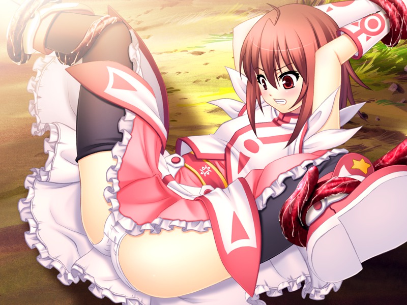 1girl artist_request blush dress game_cg outdoors panties source_request spread_legs tentacle underwear white_panties