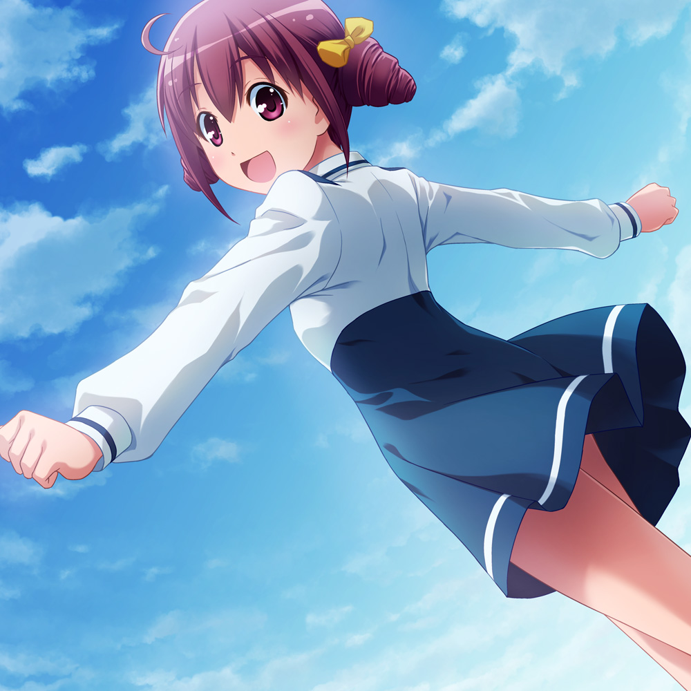 bow cloud day hair_bow hoshizora_miyuki looking_back nanairogaoka_middle_school_uniform open_mouth outstretched_arms pink_eyes pink_hair precure red_hair sayousuke school_uniform short_hair skirt sky smile smile_precure! solo spread_arms