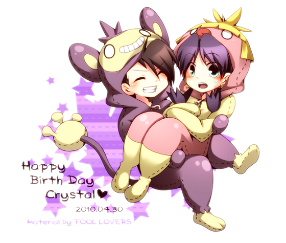 1girl 2010 aipom aipom_(cosplay) bad_id bad_pixiv_id black_hair carrying character_name cosplay crystal_(pokemon) dated gen_2_pokemon gold_(pokemon) happy_birthday pokemon pokemon_(game) pokemon_gsc pokemon_special purple_background saku_anna smoochum smoochum_(cosplay) star starry_background twintails white_background
