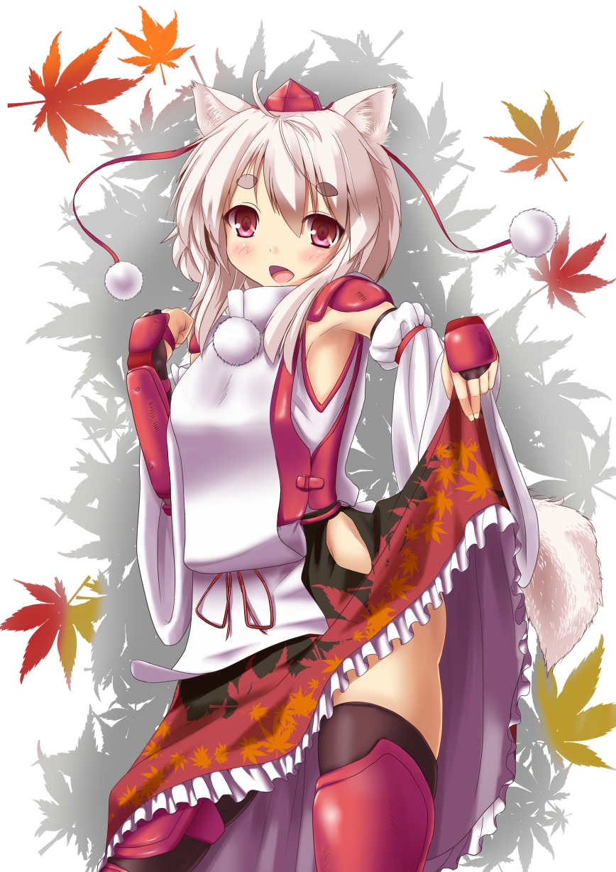 akadume animal_ears blush detached_sleeves eyebrows hat highres inubashiri_momiji leaf open_mouth red_eyes short_hair skirt_hold solo tail tokin_hat touhou white_hair wolf_ears wolf_tail