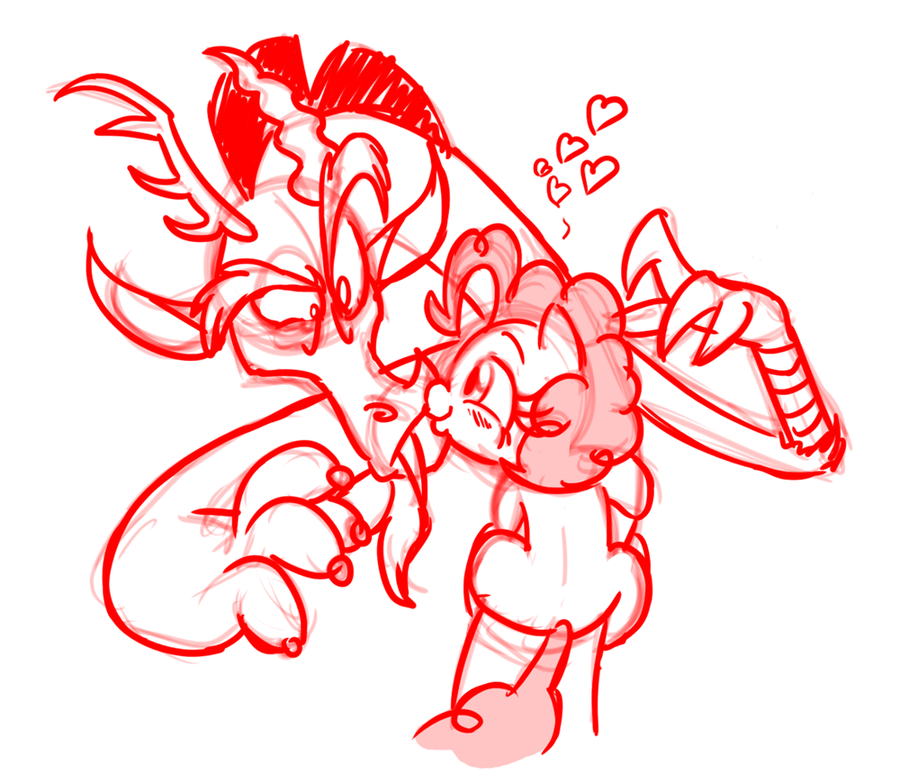 &hearts; antlers blush clinging cute discord_(mlp) draconequus equine female feral friendship_is_magic hair horn horse kissing male mammal mickeymonster monochrome my_little_pony pinkie_pie_(mlp) plain_background pony red_and_white tail white_background