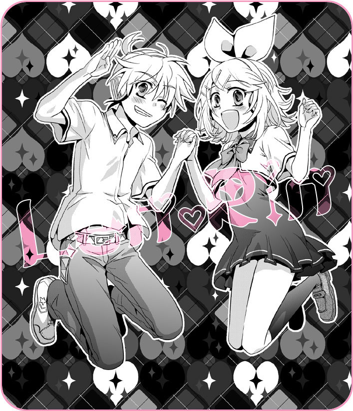 1girl arihara_ema blush bow brother_and_sister hair_ornament hairclip headphones holding_hands interlocked_fingers kagamine_len kagamine_rin monochrome open_mouth ribbon school_uniform short_hair siblings twins vocaloid