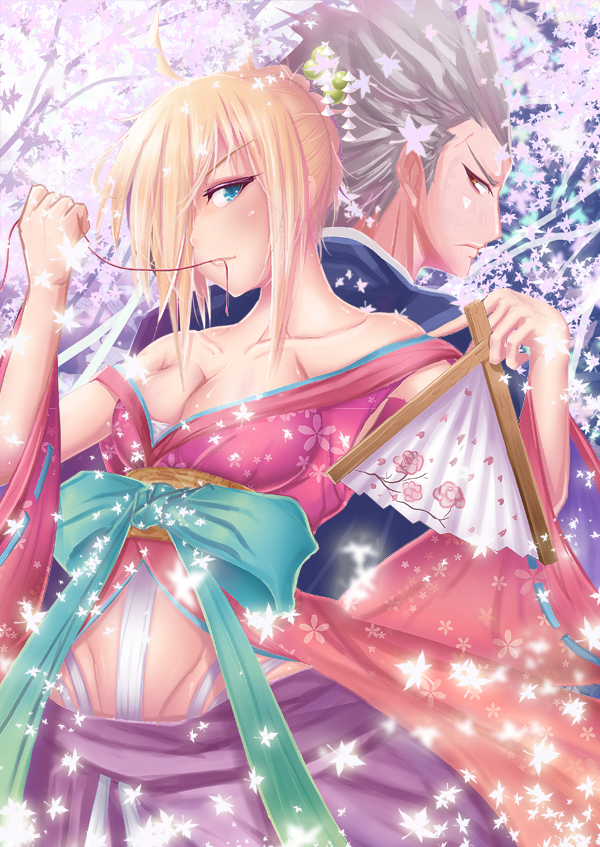 1girl ahoge archer artoria_pendragon_(all) bad_id bad_pixiv_id bare_shoulders blonde_hair blue_eyes bow breasts brown_eyes cleavage fan fate/stay_night fate_(series) folding_fan hair_over_one_eye japanese_clothes jisper2002 kimono medium_breasts mouth_hold obi red_eyes saber sash string white_hair