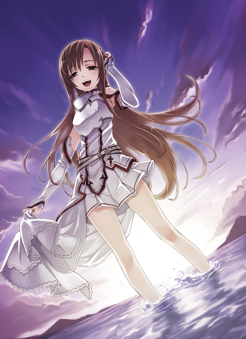 :d armor asuna_(sao) bad_id bad_pixiv_id bare_shoulders blue_sky brown_eyes brown_hair cloud detached_sleeves dutch_angle hand_in_hair long_hair long_legs matsuryuu open_mouth pleated_skirt skirt skirt_hold sky smile solo sunrise sword_art_online very_long_hair wading water