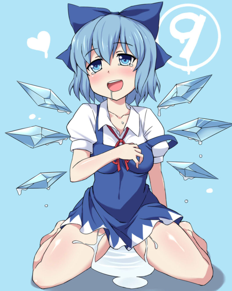 1girl bare_legs blue_eyes blue_hair blush bow breasts cirno collarbone commentary_request drooling hair_bow happy ice ice_wings in_heat medium_breasts melting open_mouth sama_samasa sexually_suggestive short_hair simple_background smile solo spread_legs strap_slip suggestive_fluid thighs touhou water wings