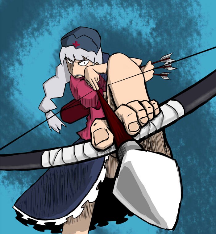 aiming arrow barefoot between_fingers between_toes bow_(weapon) drawing_bow feet foot_hold foreshortening hat holding holding_arrow holding_bow_(weapon) holding_weapon jpeg_artifacts long_hair nicetack nurse_cap silver_hair solo standing standing_on_one_leg toes touhou weapon yagokoro_eirin