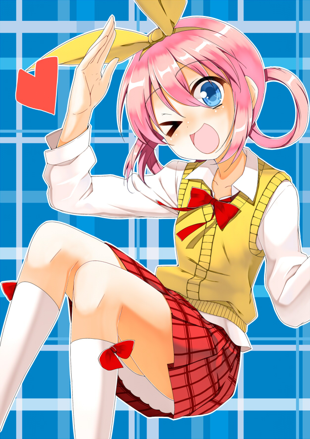 &gt;_&lt; :d blue_eyes body_mahattaya_ginga bow bowtie closed_eyes hair_ribbon hair_rings hands looking_at_viewer one_eye_closed open_mouth pink_hair plaid plaid_background plaid_skirt ribbon salute sherlock_shellingford short_hair sitting skirt smile solo tantei_opera_milky_holmes vest