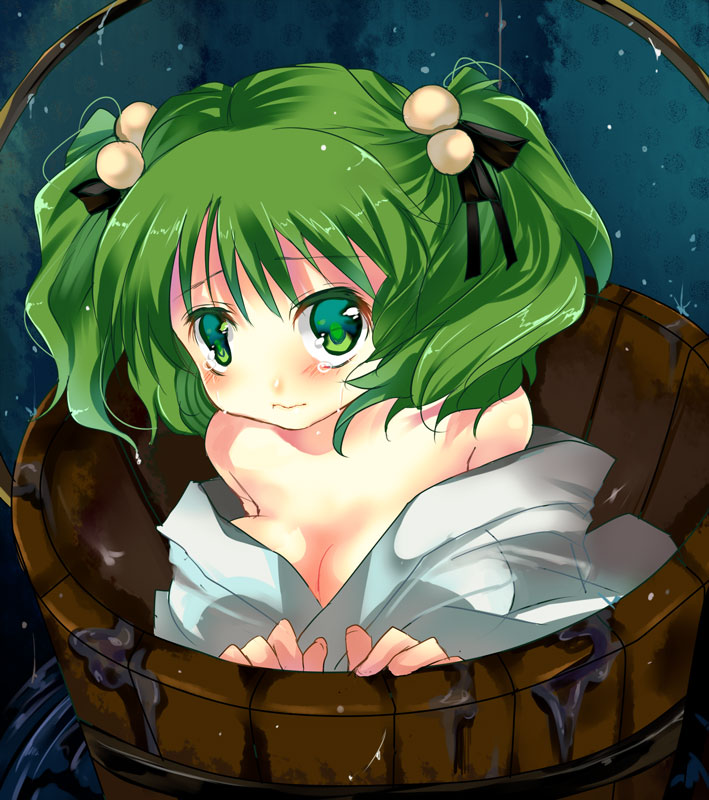 alternate_breast_size bad_id bad_pixiv_id bare_shoulders blush breasts bucket cleavage face green_eyes green_hair hair_bobbles hair_ornament in_bucket in_container kisume large_breasts off_shoulder shomen short_hair solo tears touhou twintails wooden_bucket