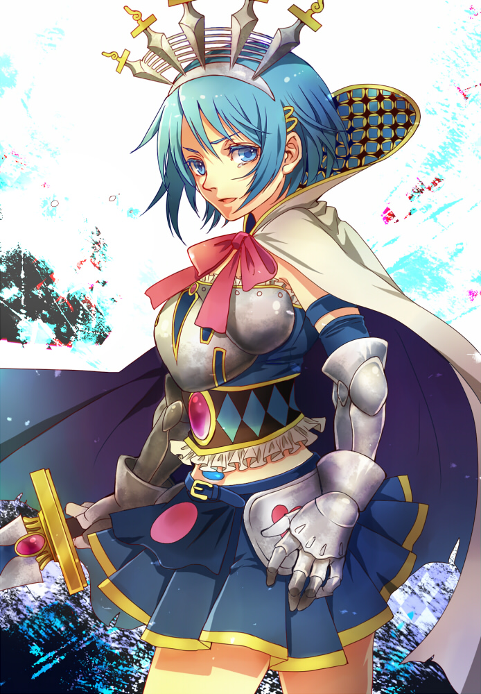 armor armored_dress bad_id bad_pixiv_id belt blue_eyes blue_hair bow bowtie breastplate cape colored_eyelashes detached_sleeves faulds frills gauntlets hair_ornament hairband hairclip holding knife looking_at_viewer mahou_shoujo_madoka_magica miki_sayaka oktavia_von_seckendorff senano-yu short_hair skirt solo soul_gem spoilers strapless sword tears tubetop weapon