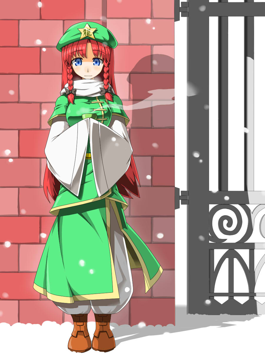 adapted_costume blue_eyes blush braid breasts cup gate hat hecchi_(blanch) highres hong_meiling long_hair medium_breasts red_hair scarf smile snow solo star touhou twin_braids