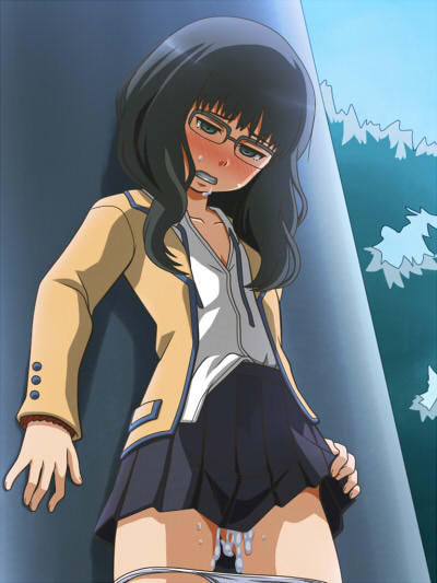 after_sex against_wall awa black_hair black_rock_shooter blush clenched_teeth cum cum_in_pussy cum_on_body cum_on_lower_body facial flat_chest glasses green_eyes long_hair looking_down open_mouth panties panty_pull pleated_skirt school_uniform skirt skirt_lift solo takanashi_yomi teeth underwear white_panties