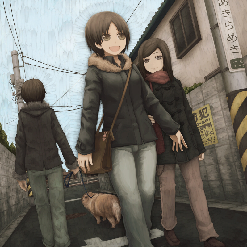 bag brown_eyes brown_hair building coat commentary_request day dog dog_walking jacket leash multiple_girls open_mouth original power_lines road scarf short_hair shoulder_bag sky street vanishing_point yajirushi_(chanoma)