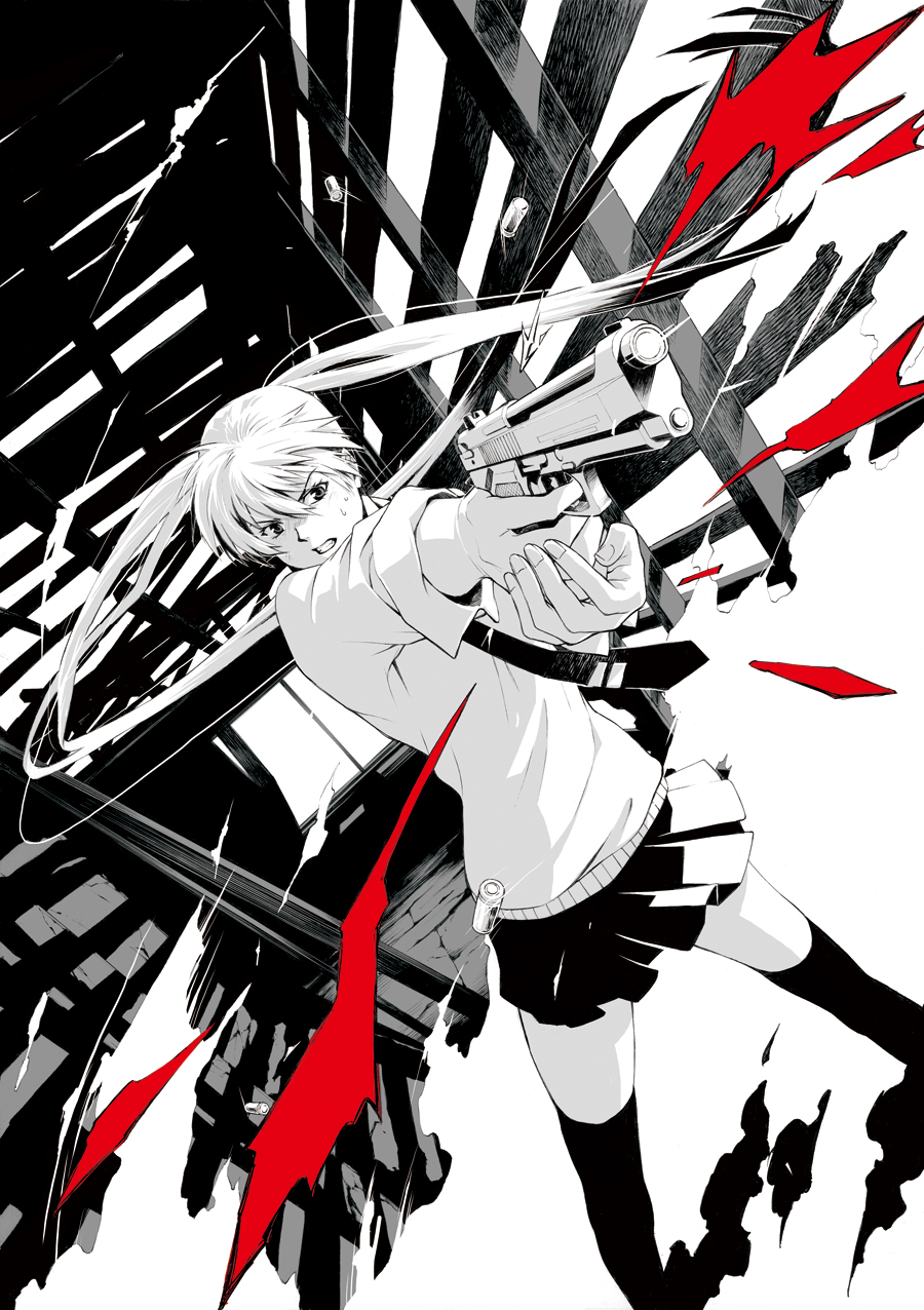 beretta_92 dutch_angle floating_hair foreshortening gun handgun hatsune_miku highres kurenai_karasu long_hair monochrome necktie pistol shell_casing skirt solo sweat thighhighs twintails very_long_hair vocaloid weapon