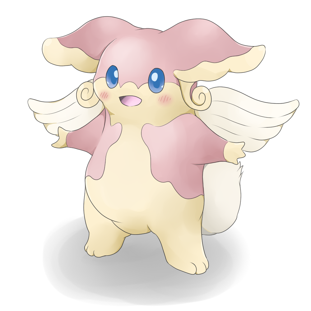 audino big_ears blue_eyes blush chubby fluffy_tail looking_at_viewer nintendo open_mouth pink pink_body plain_background pok&#233;mon pok&eacute;mon smile solo standing tail video_games white_background wings yata-nepia