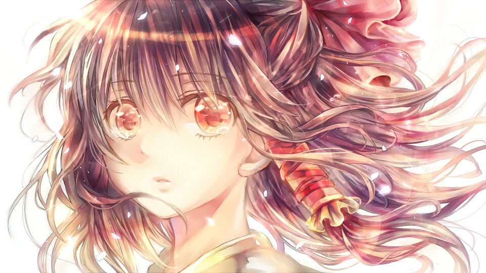 bad_id bad_pixiv_id bow brown_eyes brown_hair face hair_bow hair_tubes hakurei_reimu open_mouth petals portrait shigaraki_(strobe_blue) solo tears touhou