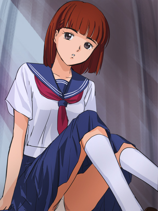 80s bob_cut brown_hair from_below grey_hair haruyama_kazunori kyoushoku_soukou_guyver looking_at_viewer oldschool panties pantyshot pantyshot_(sitting) pleated_skirt school_uniform segawa_mizuki serafuku sitting skirt socks solo underwear